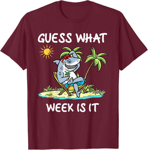 Funny Shark 2025 Week Guess What Week Is It Shark Lover Gift T-Shirt - T-Shirt | Maroon