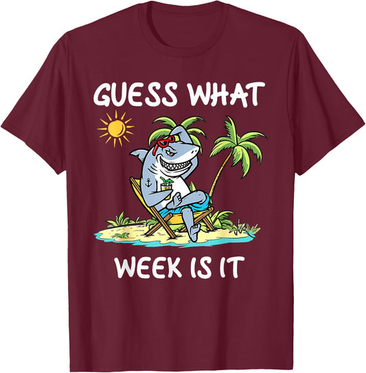 Funny Shark 2025 Week Guess What Week Is It Shark Lover Gift T-Shirt - T-Shirt | Maroon