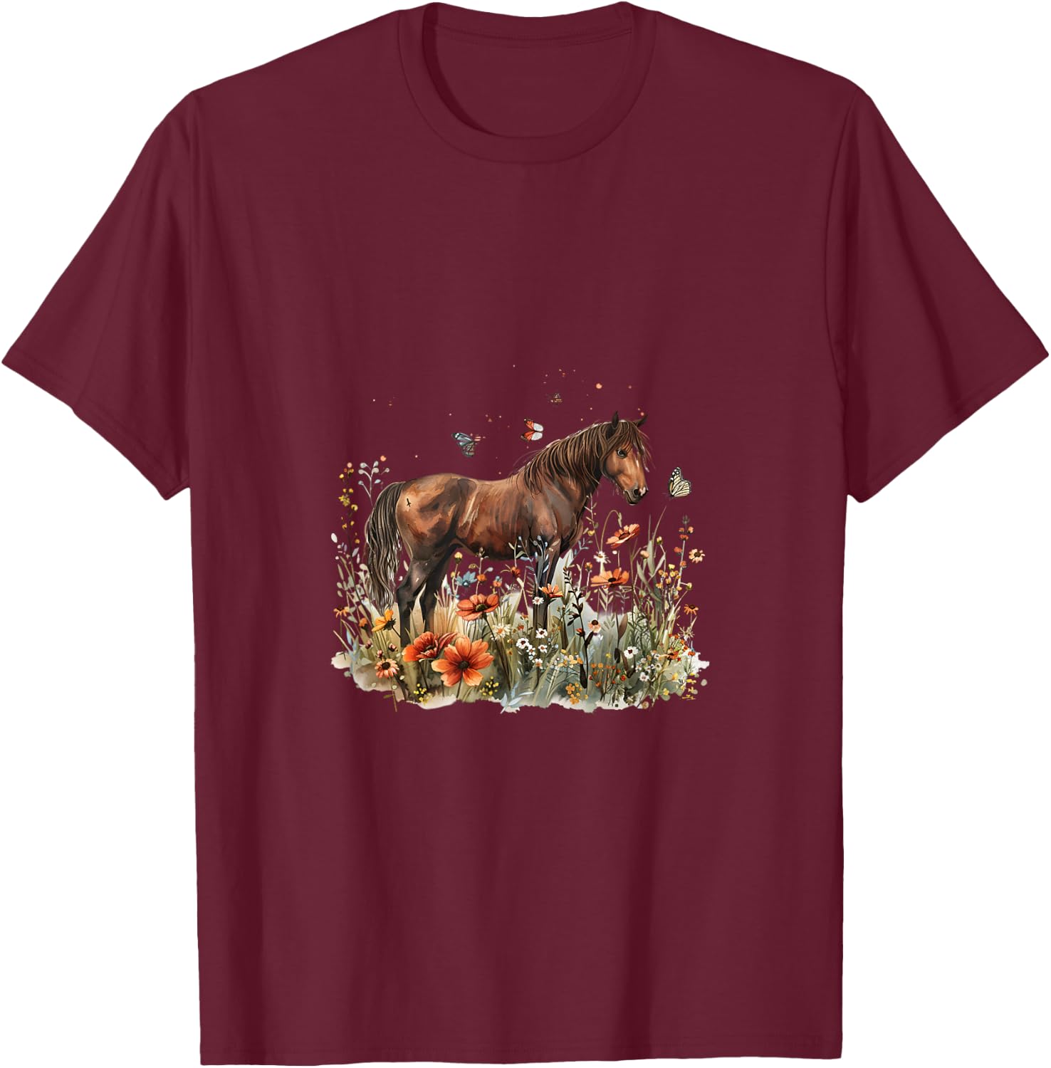 Horse in Flower Meadow with Butterflies T-Shirt - T-Shirt | Maroon