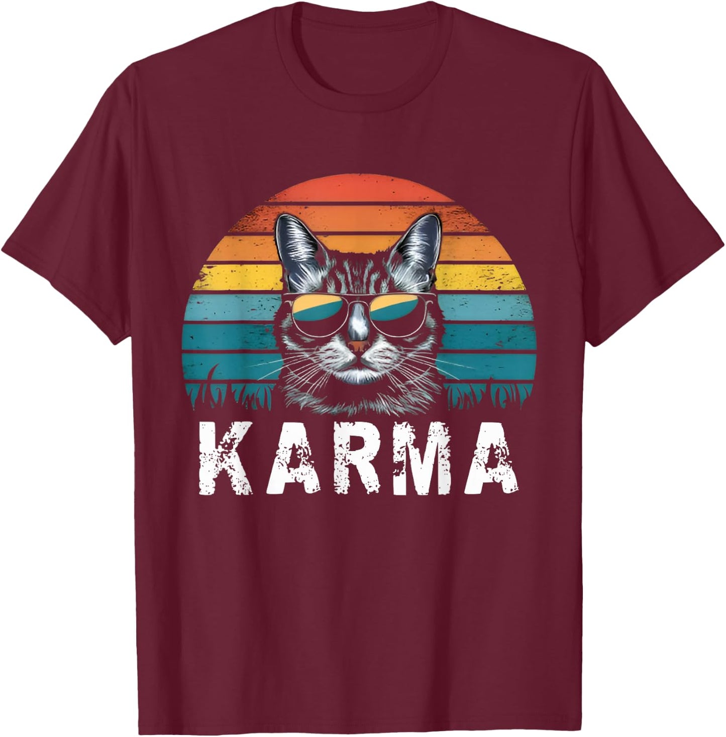 Vintage Cat Music Sunset Gifts Women Men Kids Girls Karma T-Shirt - T-Shirt | Maroon