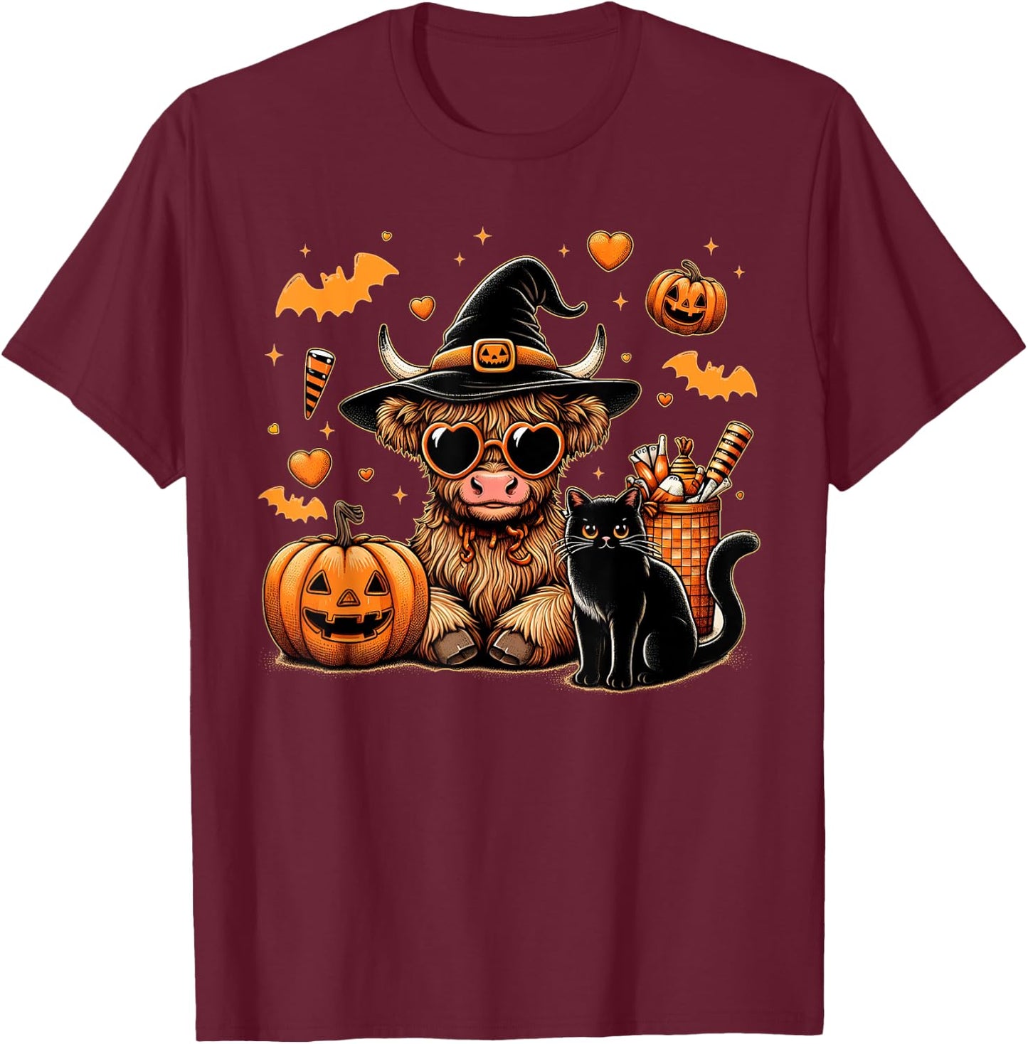 Highland Cow Halloween Shirt Women Girls Fall Autumn T-Shirt - T-Shirt | Maroon