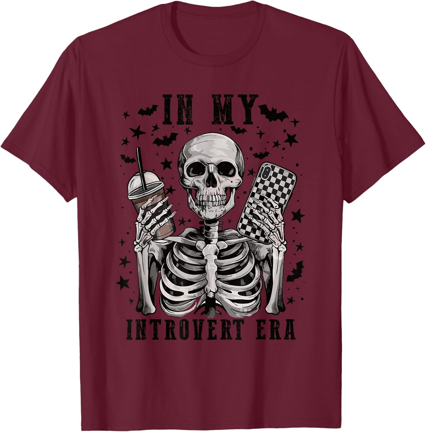 In My Introvert Era Retro Halloween Skeleton Coffee T-Shirt - T-Shirt | Maroon