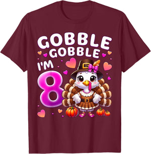 Girl 8th Birthday Thanksgiving Gobble Gobble I'm 8 T-Shirt - T-Shirt | Maroon