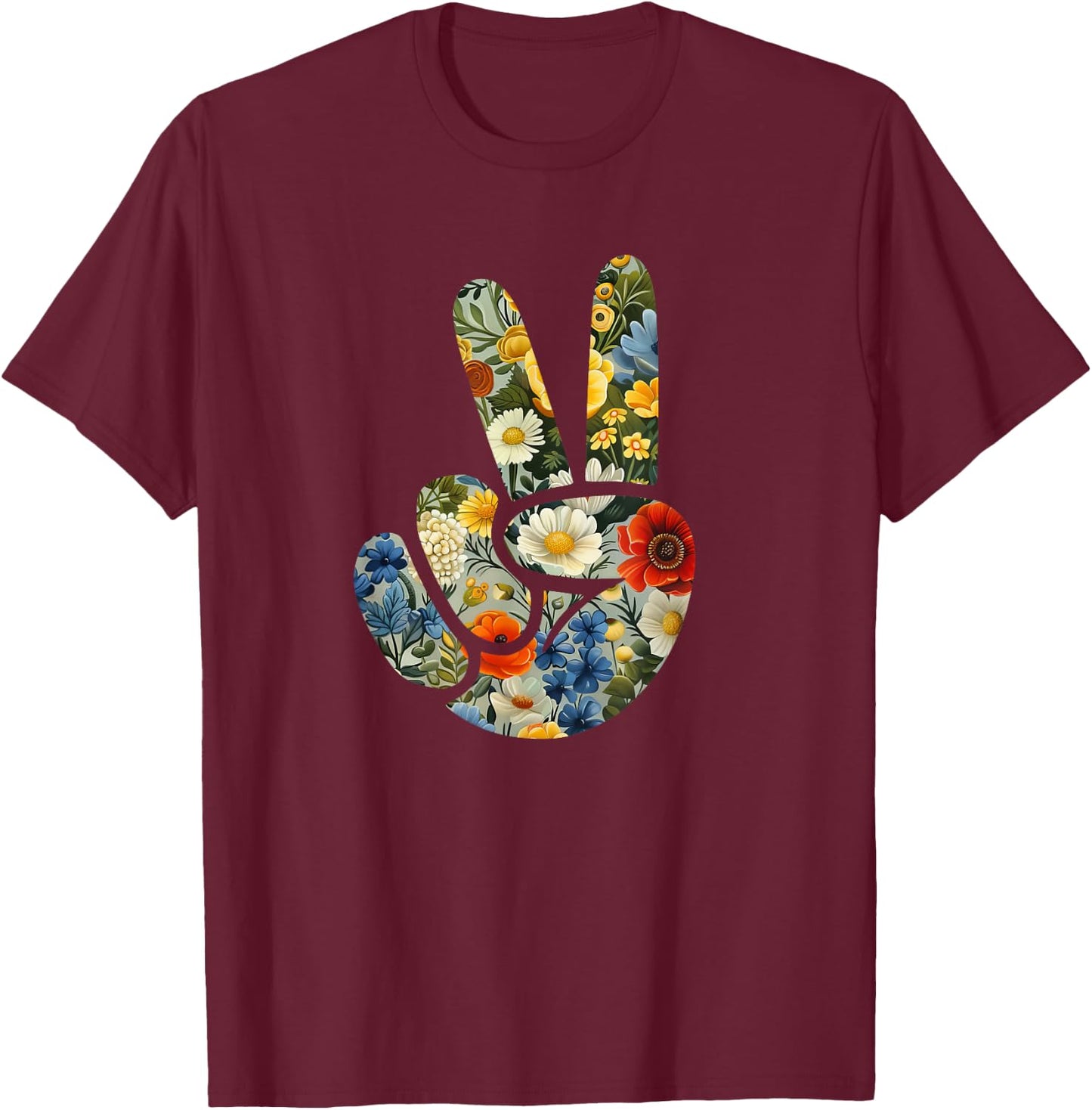Elegant Silhouette Wildflowers Floral Peace Sign Hand T-Shirt - T-Shirt | Maroon