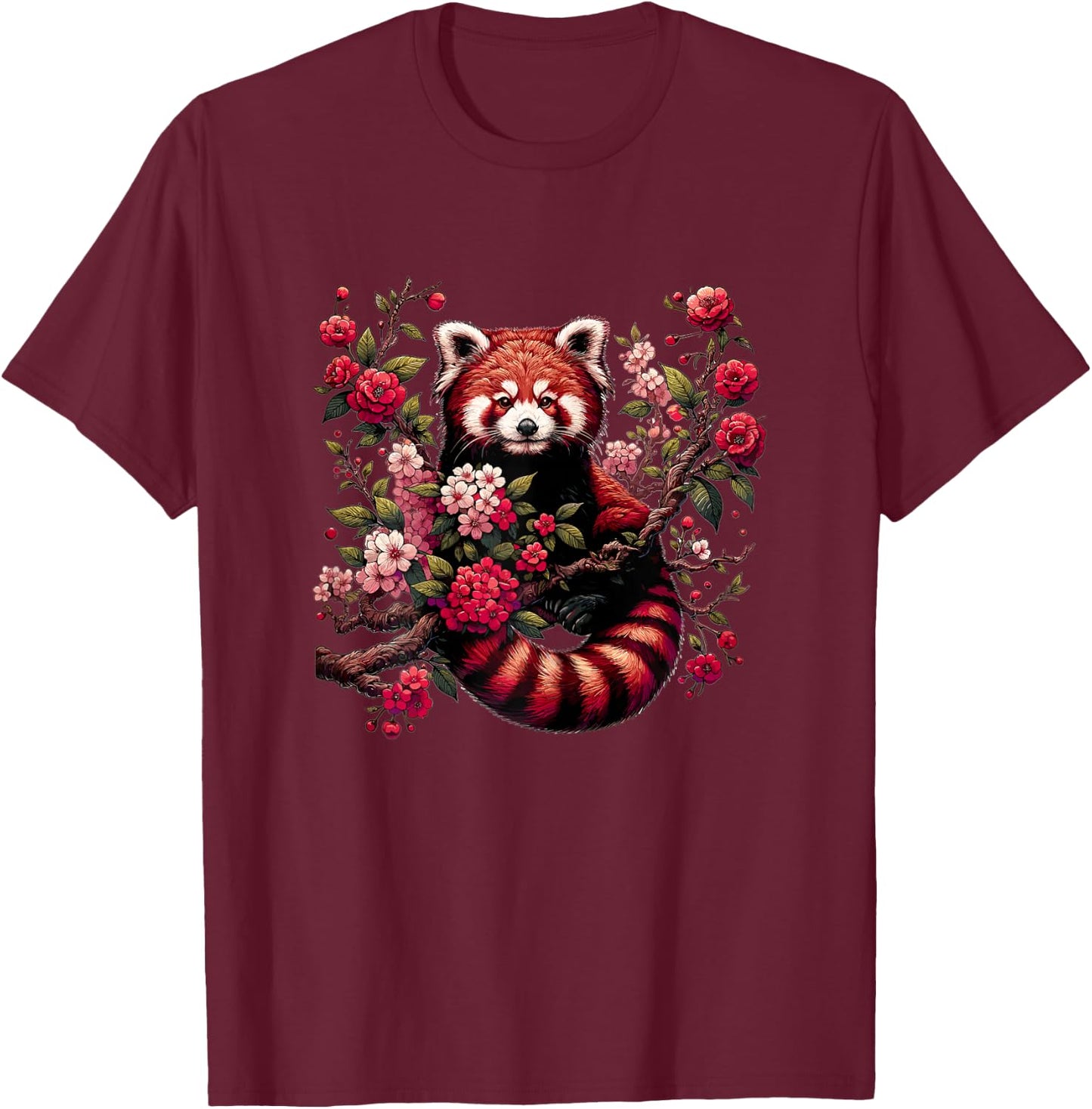 Red Panda Japanese Cherry Blossom Flower T-Shirt - T-Shirt | Maroon