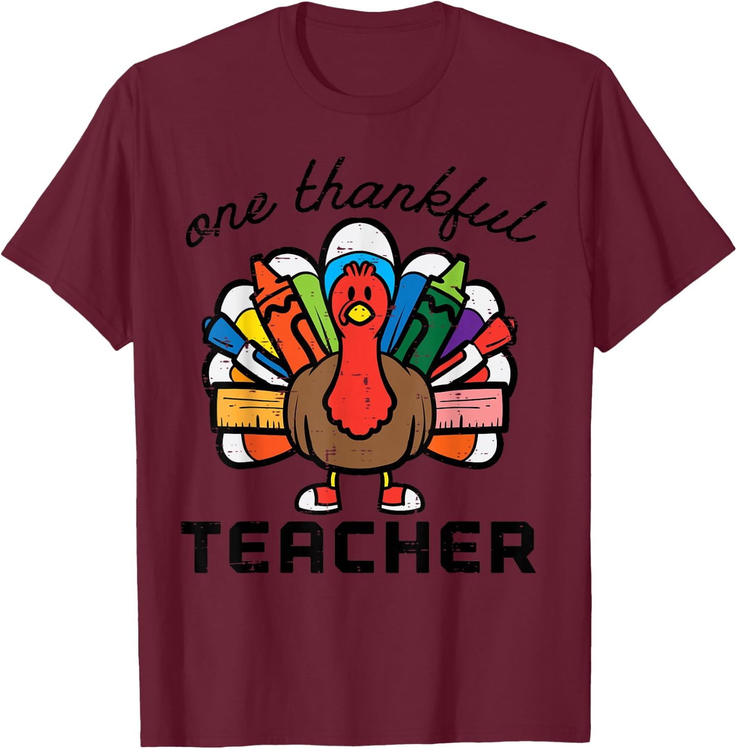 Happy Thanksgiving One Thankful Teacher Turkey Day Men Women T-Shirt - T-Shirt | Maroon