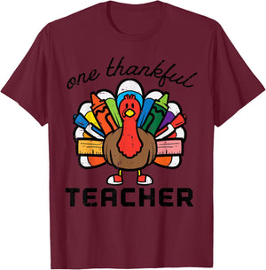 Happy Thanksgiving One Thankful Teacher Turkey Day Men Women T-Shirt - T-Shirt | Maroon