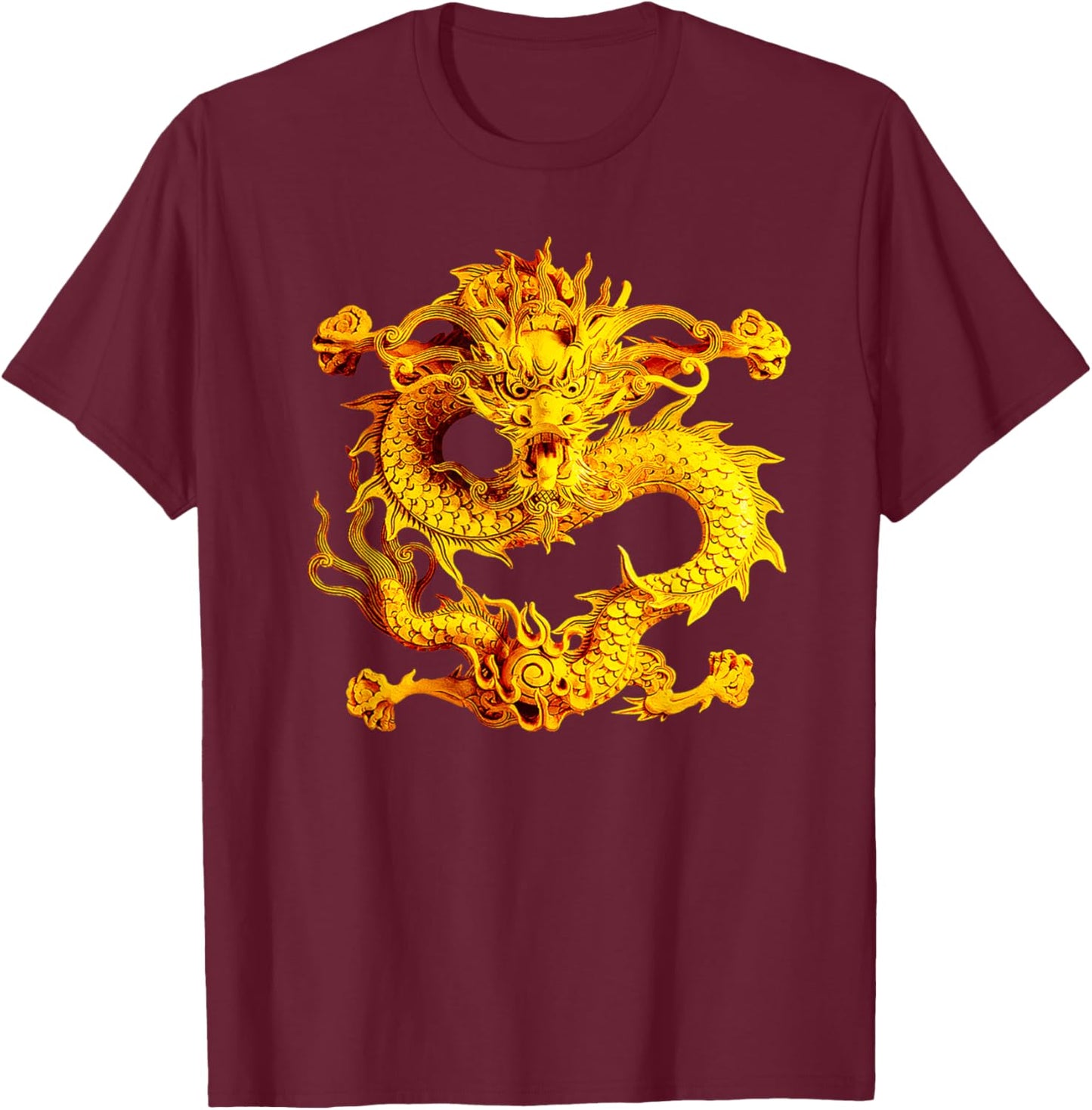 Fearless Golden Chinese Dragon Silhouette 3D Effect T-Shirt - T-Shirt | Maroon