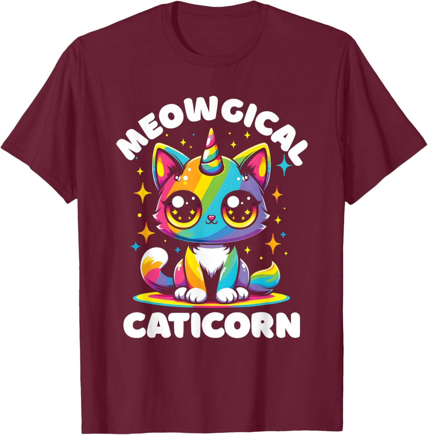 Meowgical Caticorn Cat Unicorn Rainbow Kittycorn T-Shirt - T-Shirt | Maroon