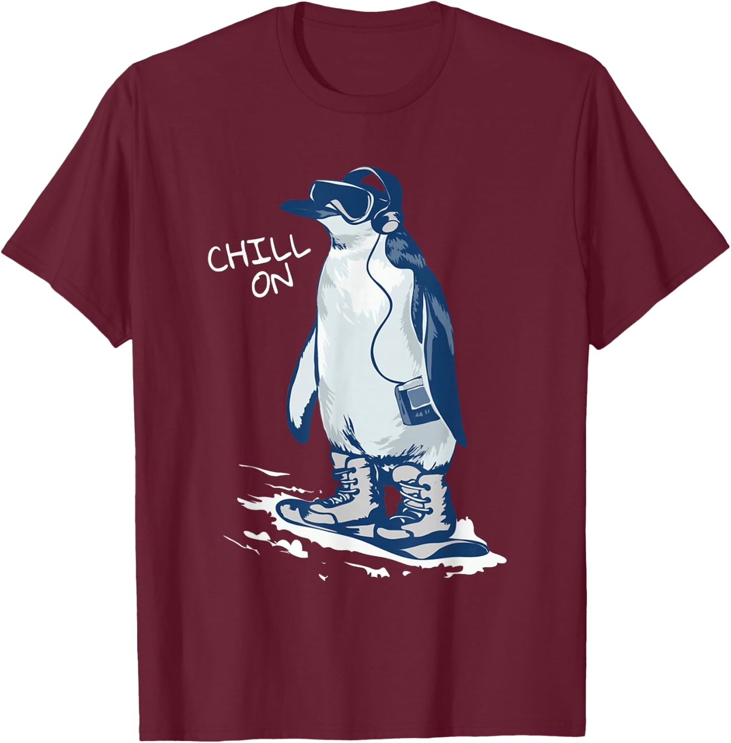 Funny Penguin Snowboarding Listen to Music And Chill T-Shirt - T-Shirt | Maroon