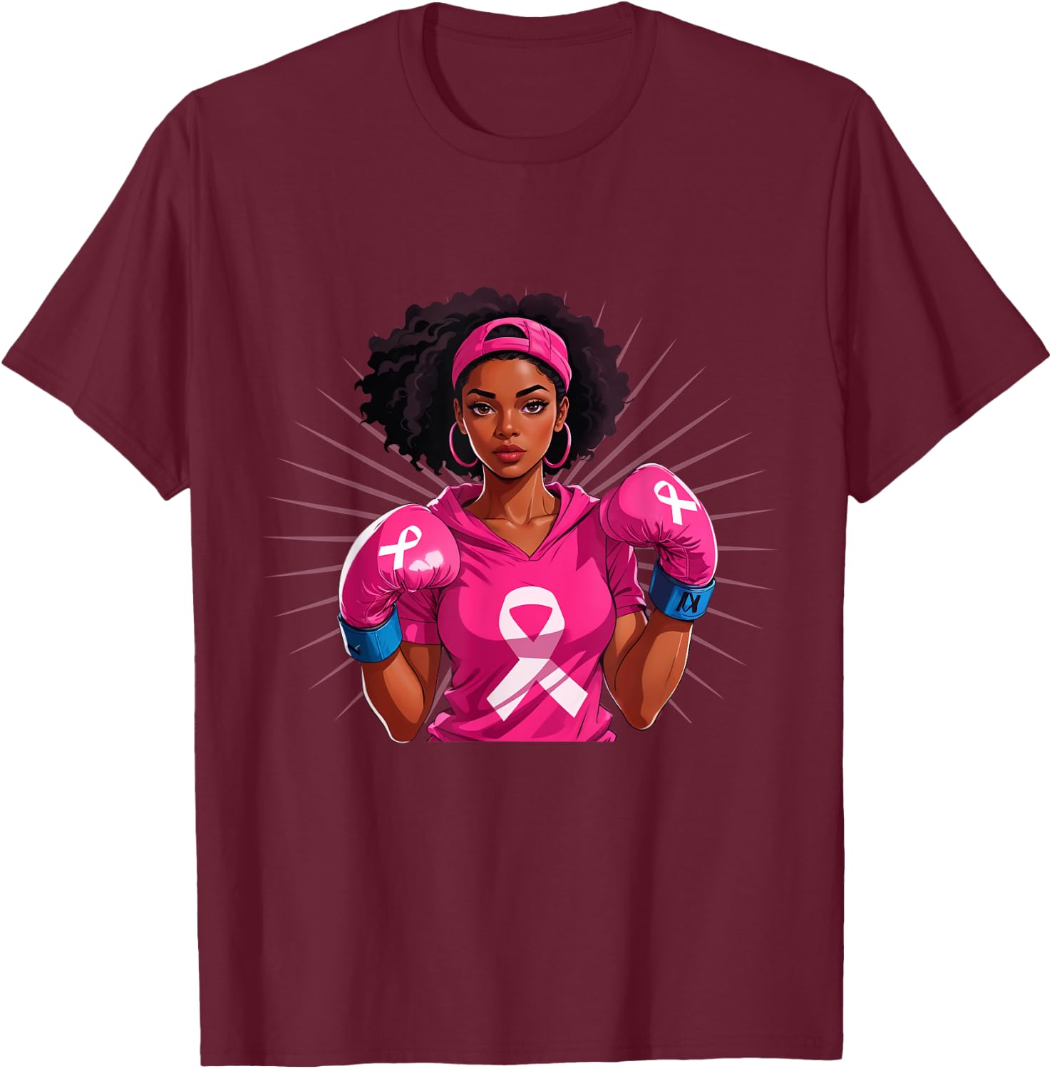 Breast Cancer Awareness African American Woman Boxing Gloves T-Shirt - T-Shirt | Maroon