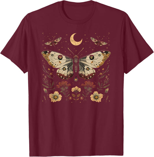 Vintage Festival Graphic, Celestial Moon, Moth, Cottage core T-Shirt - T-Shirt | Maroon