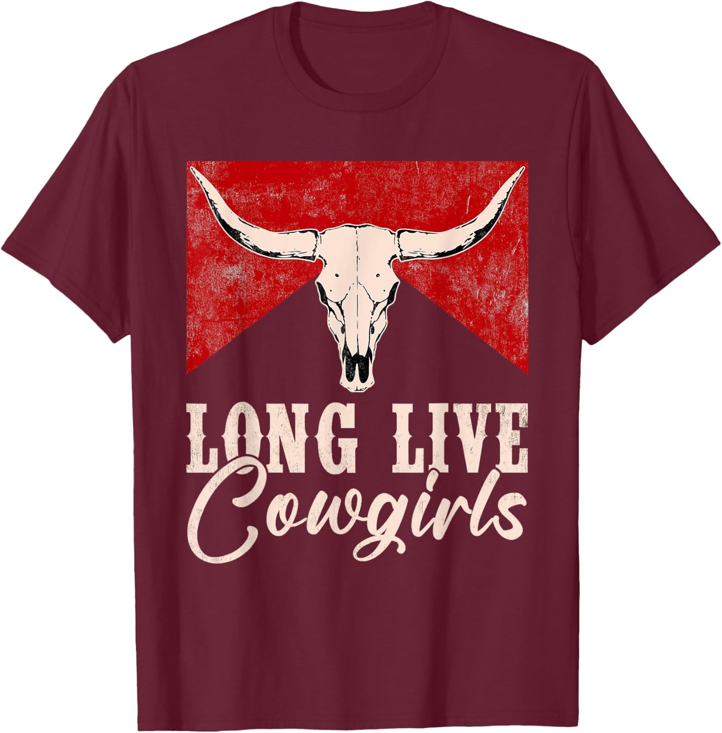Long Live Vintage Western Bull-Skull Cowgirls Retro T-Shirt - T-Shirt | Maroon