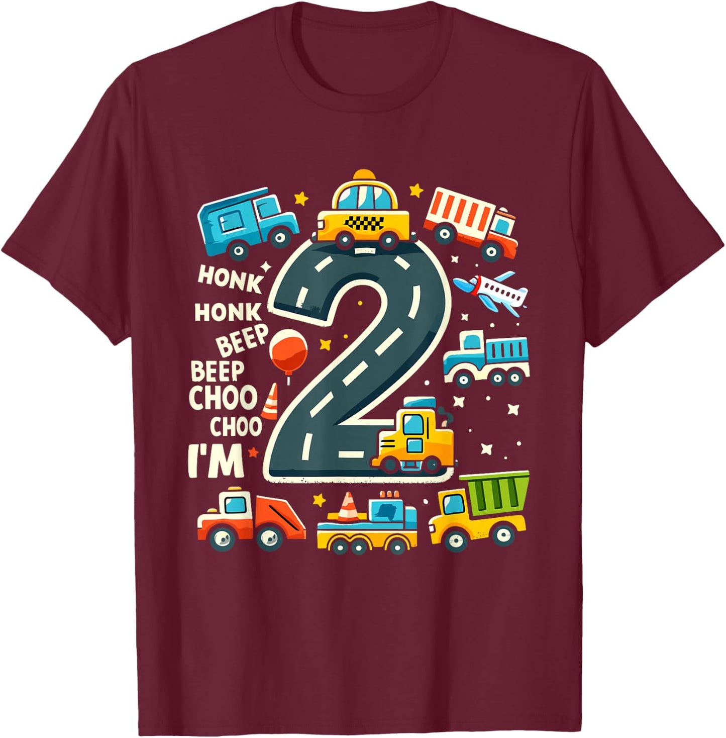2 Year Old Birthday Boy Truck Car Transportation T-Shirt - T-Shirt | Maroon