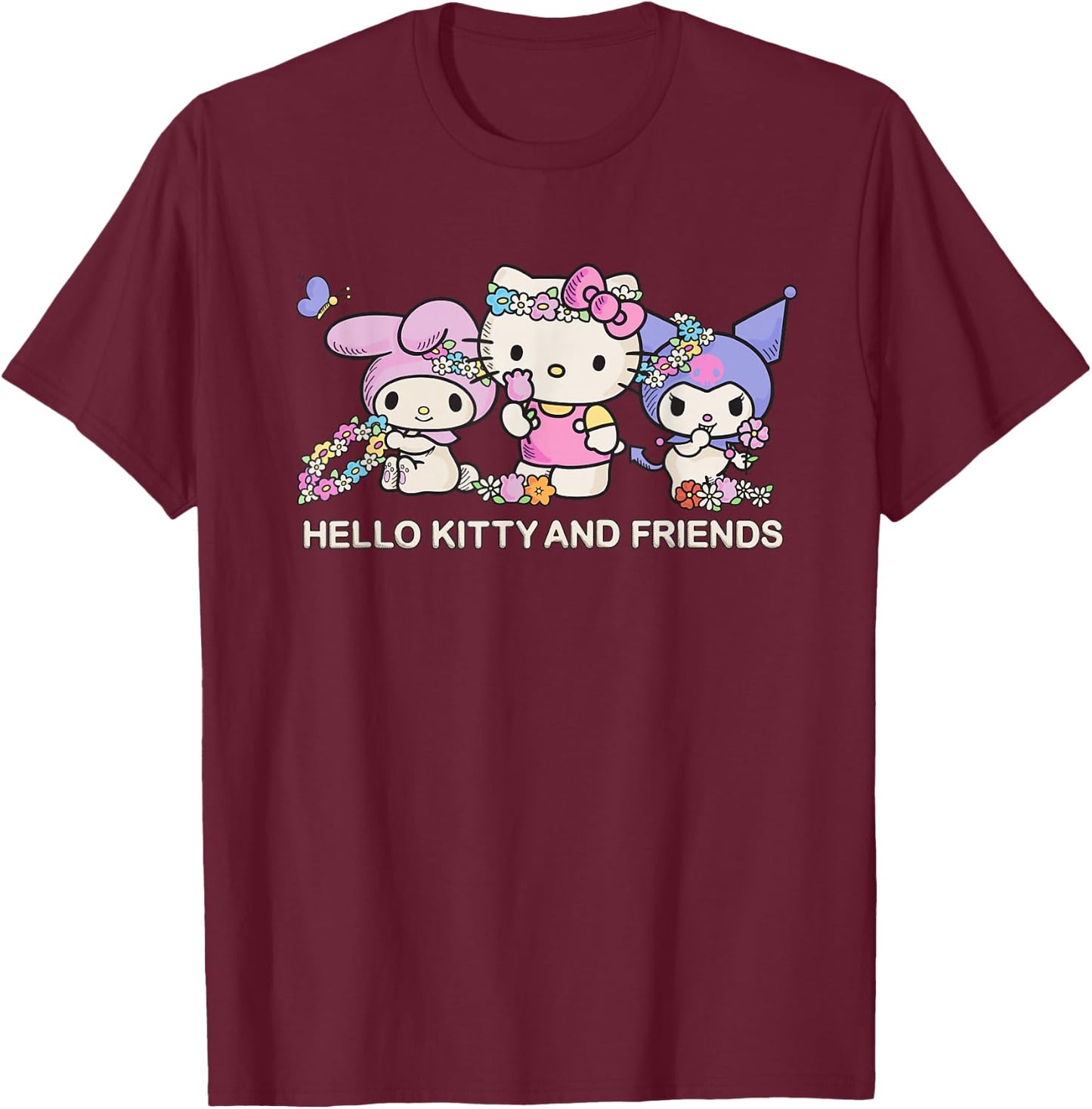 Sanrio Hello Kitty and Friends Flower Crowns , Small, Black T-Shirt - T-Shirt | Maroon