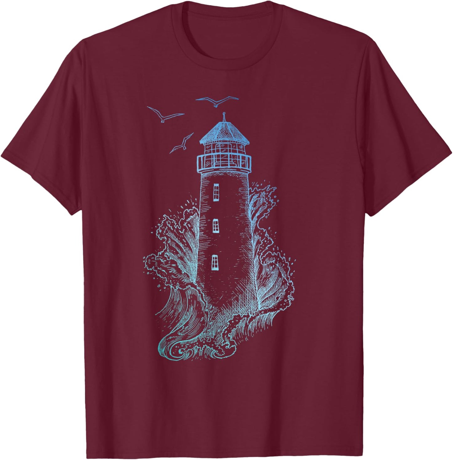 Lighthouse - Pharos Wave and Seagull T-Shirt - T-Shirt | Maroon