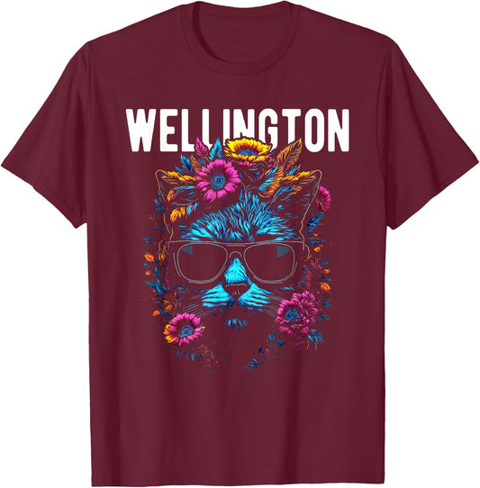 Wellington Cat Wearing Sunglasses and Flowers Design Women Kids T-Shirt - T-Shirt | Maroon