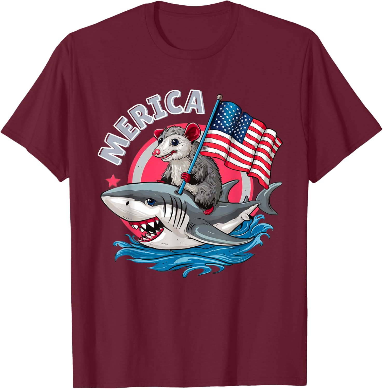 Funny Opossum Riding Shark American Flag USA 4th of July T-Shirt - T-Shirt | Maroon