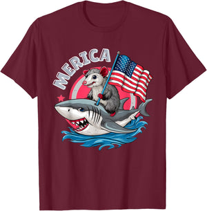 Funny Opossum Riding Shark American Flag USA 4th of July T-Shirt - T-Shirt | Maroon