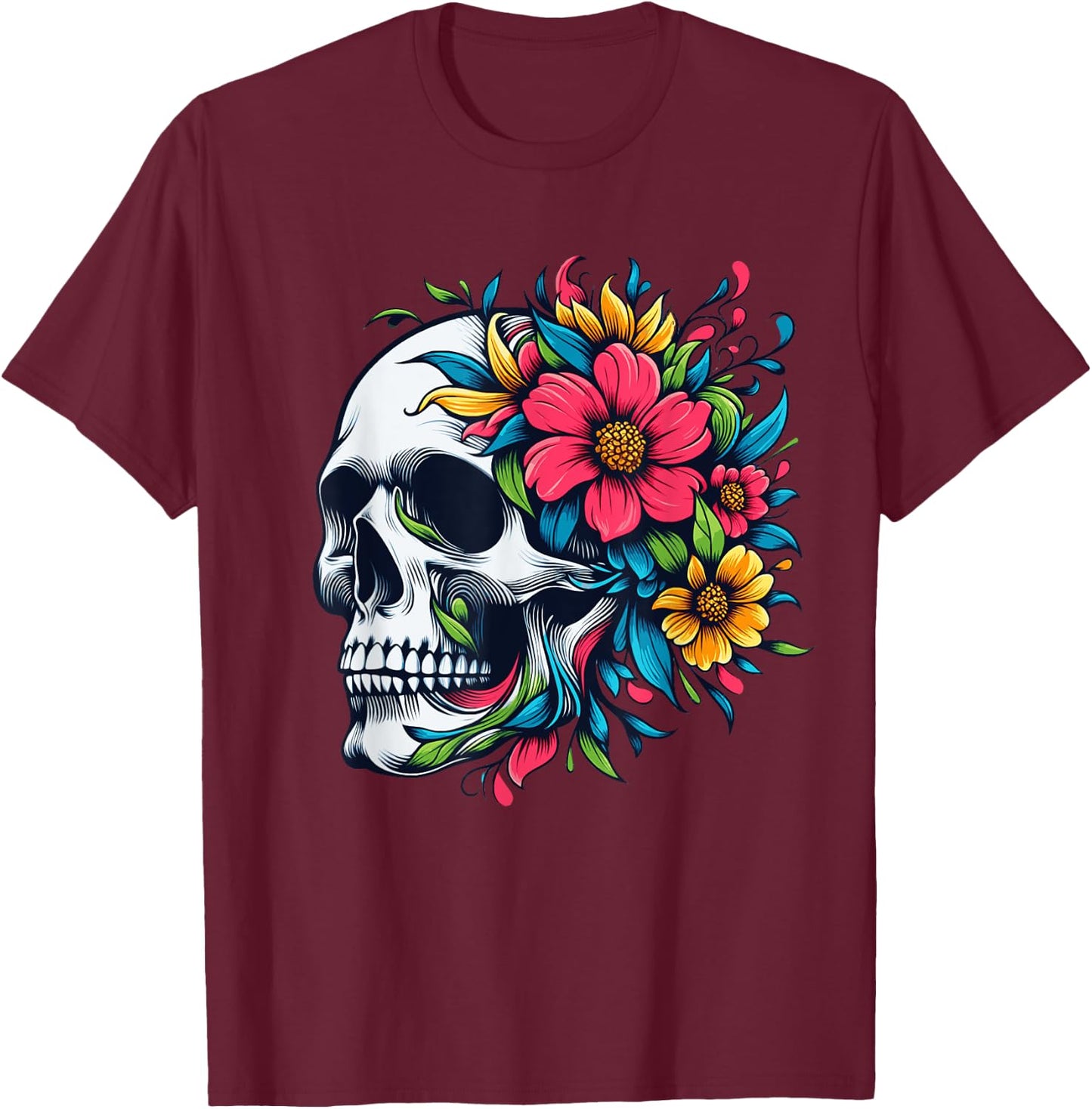 Flower Skull Floral Abstract Bloom & Bone - Life & Death Art T-Shirt - T-Shirt | Maroon