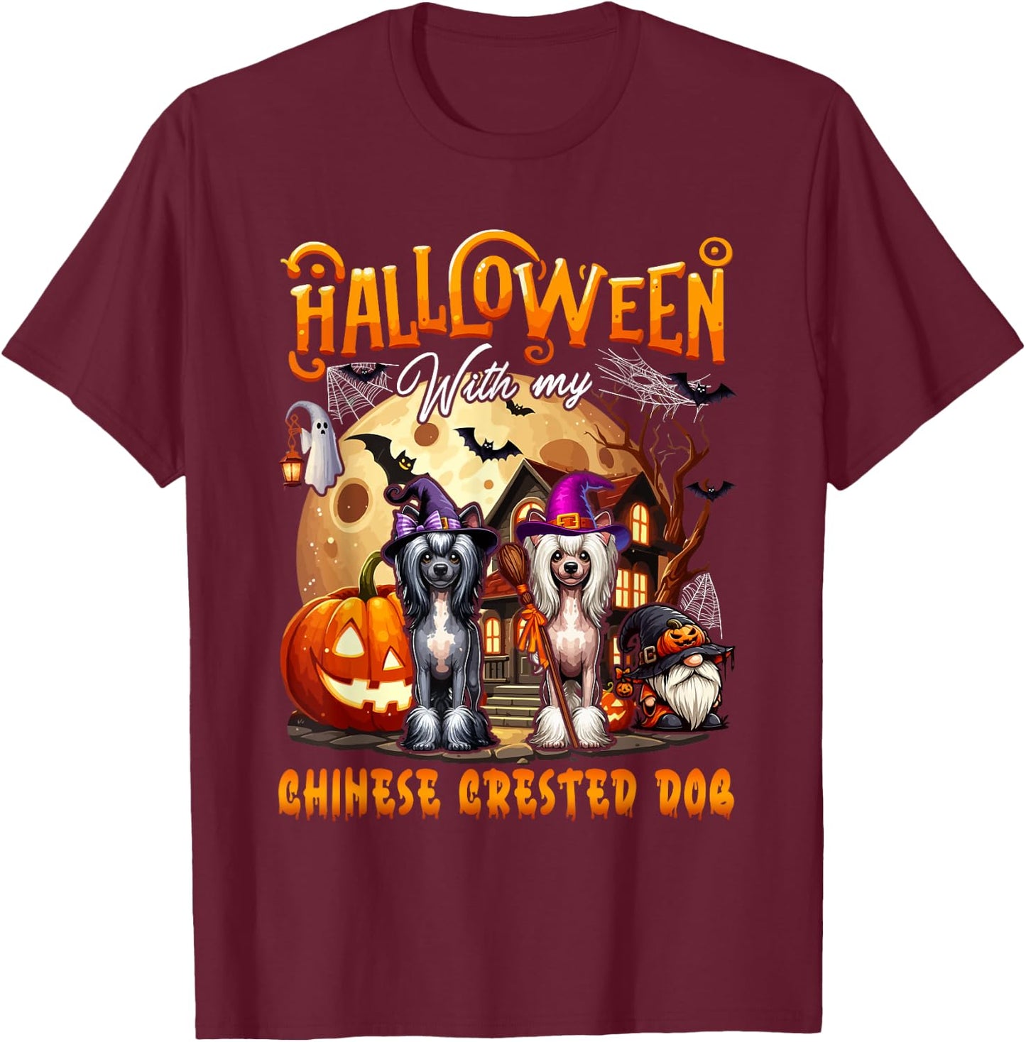 Halloween With My Chinese Crested Cute Dogs Cosplay Witch T-Shirt - T-Shirt | Maroon
