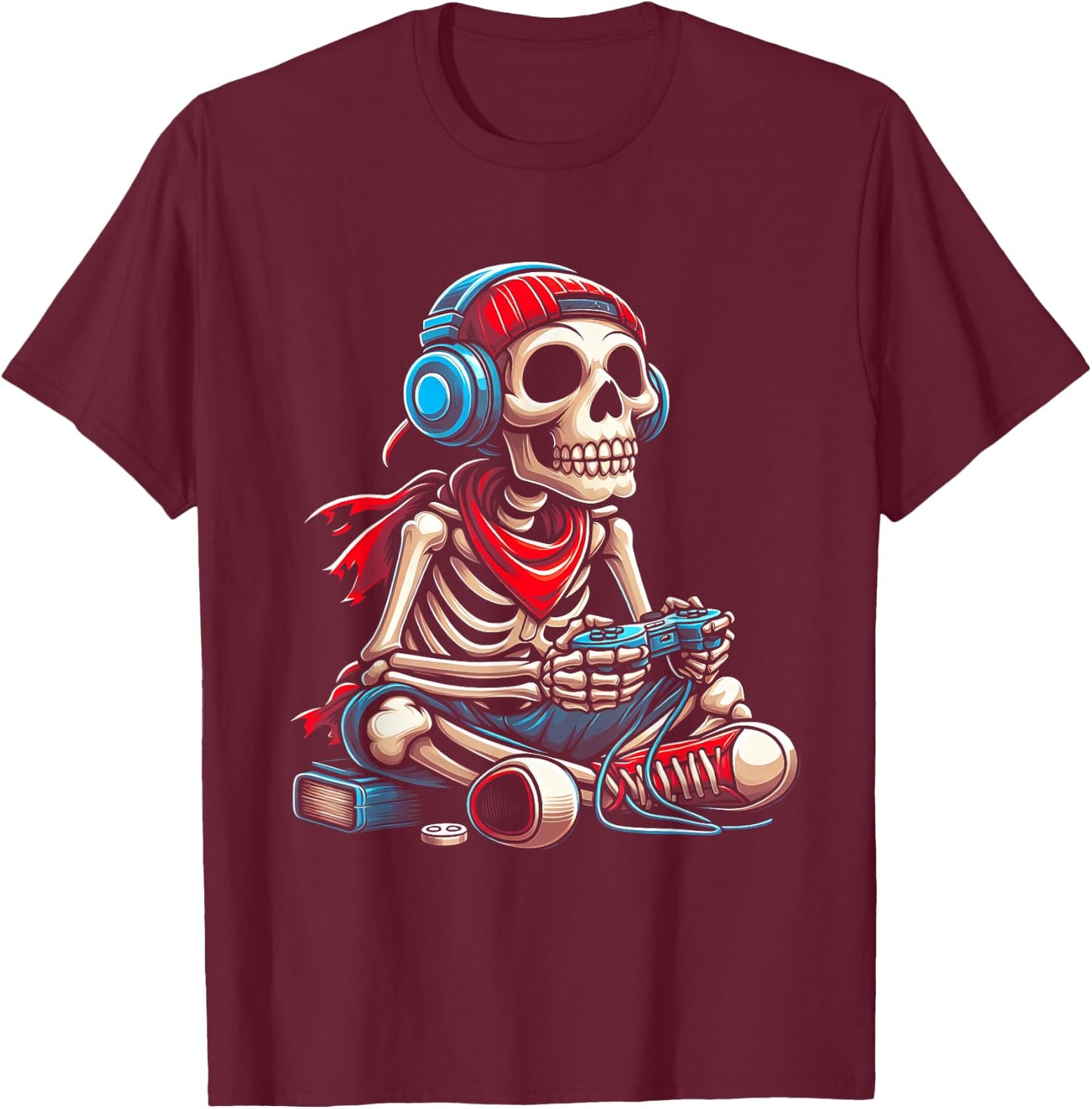 Halloween Skeleton Gamer Video Gaming Gamer E-Sport Player T-Shirt - T-Shirt | Maroon