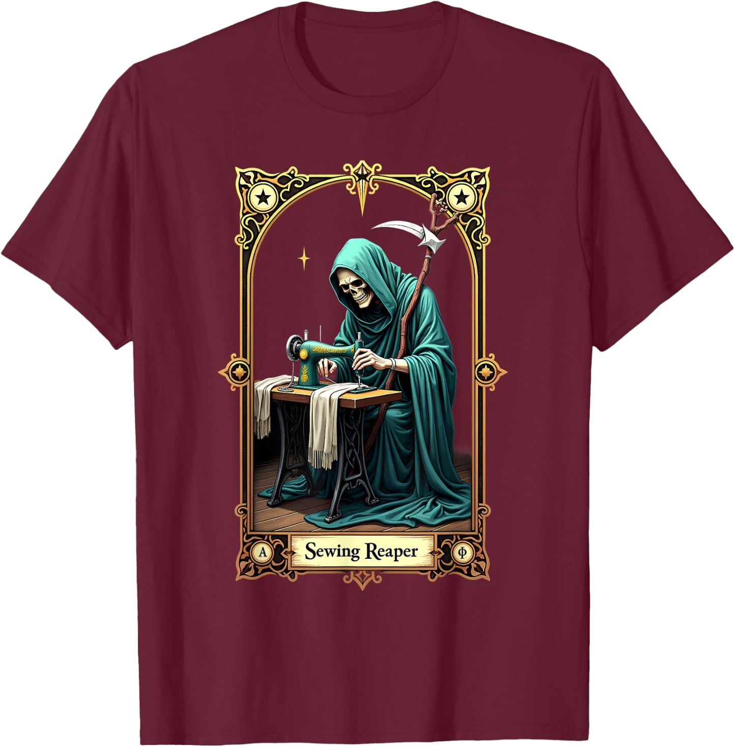 Tarot Card Skeleton Sewing Machine Reaper T-Shirt - T-Shirt | Maroon