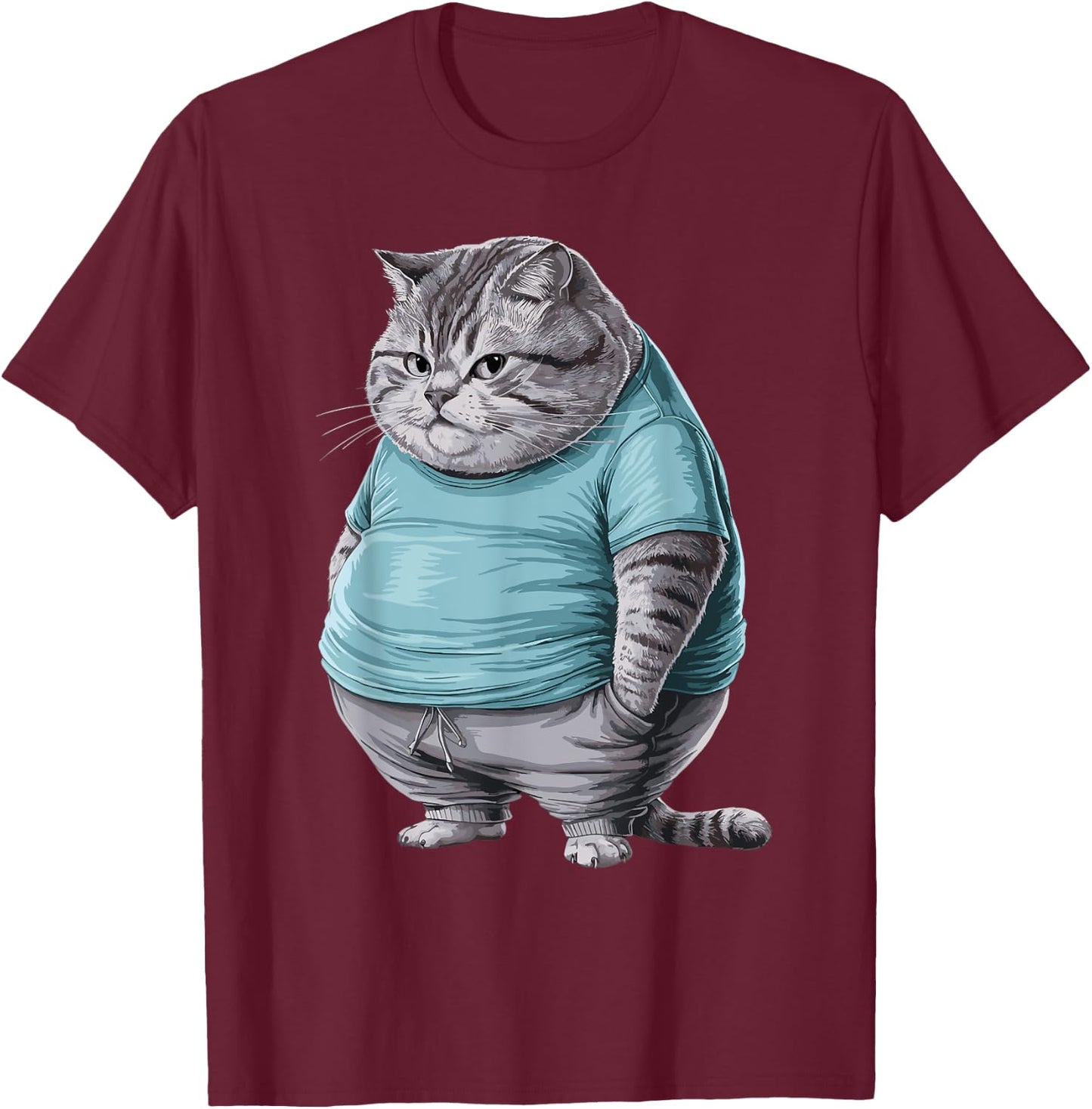 Funny Fat Sad Cat Art Design Fat Kitten Cat Lover Fat Cat Women Girls Kids T-Shirt - T-Shirt | Maroon