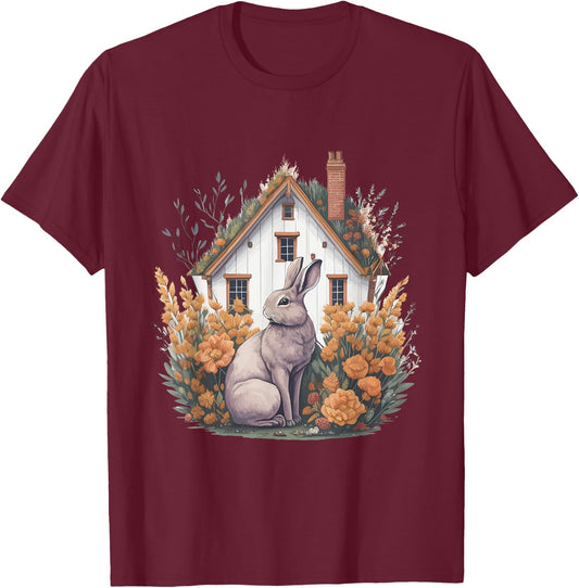Funny & Cute Aesthetic Cottagecore floral Rabbit T-Shirt - T-Shirt | Maroon