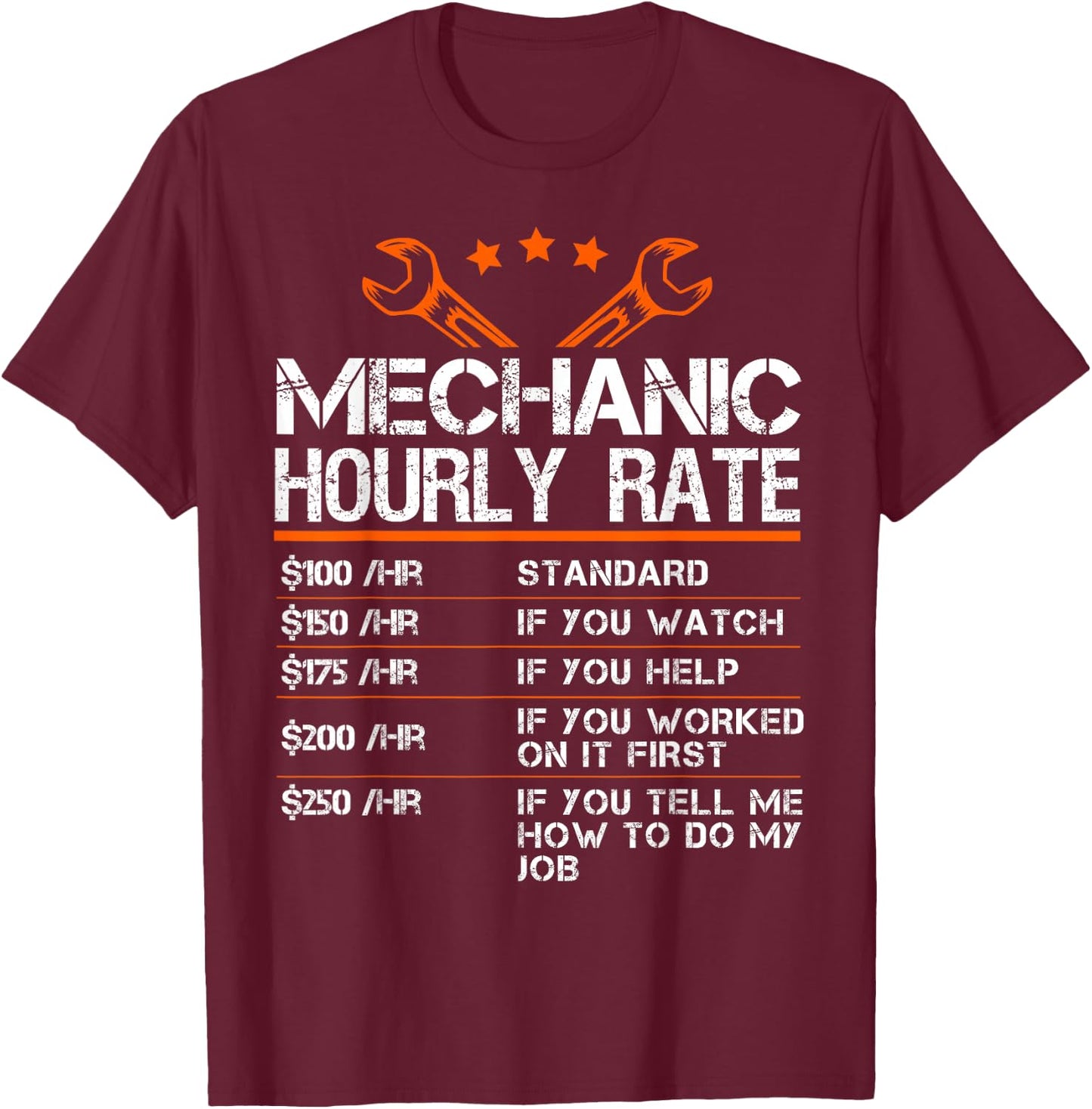 Funny Mechanic Hourly Rate Auto Car Mechanic Labor Rates T-Shirt - T-Shirt | Maroon