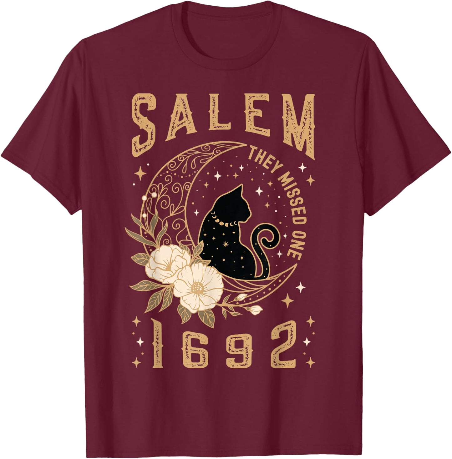 Salem 1692 They Missed One Witch Trial Black Cat Moon Witchy T-Shirt - T-Shirt | Maroon