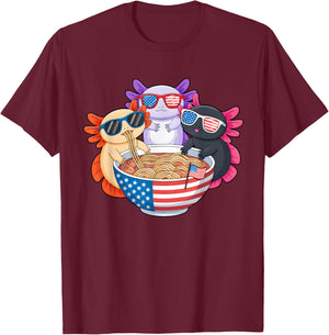 Axolotl Ramen Anime American Flag USA Funny 4th Of July T-Shirt - T-Shirt | Maroon