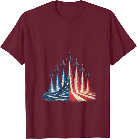 Fighter Jet American Flag 4th of July V-Neck T-Shirt - T-Shirt | Maroon