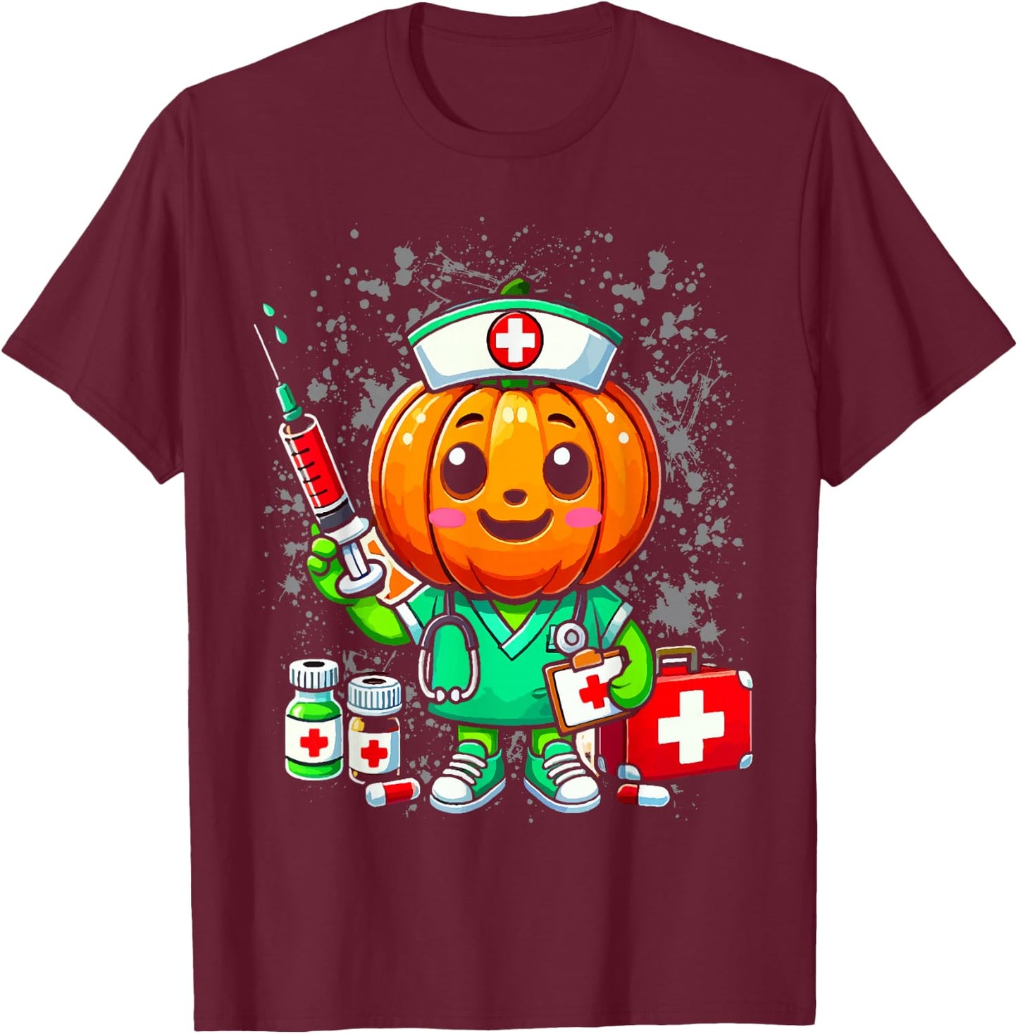 Halloween Nurse Pumpkin Nursing Scrub Top Costume Women Men T-Shirt - T-Shirt | Maroon