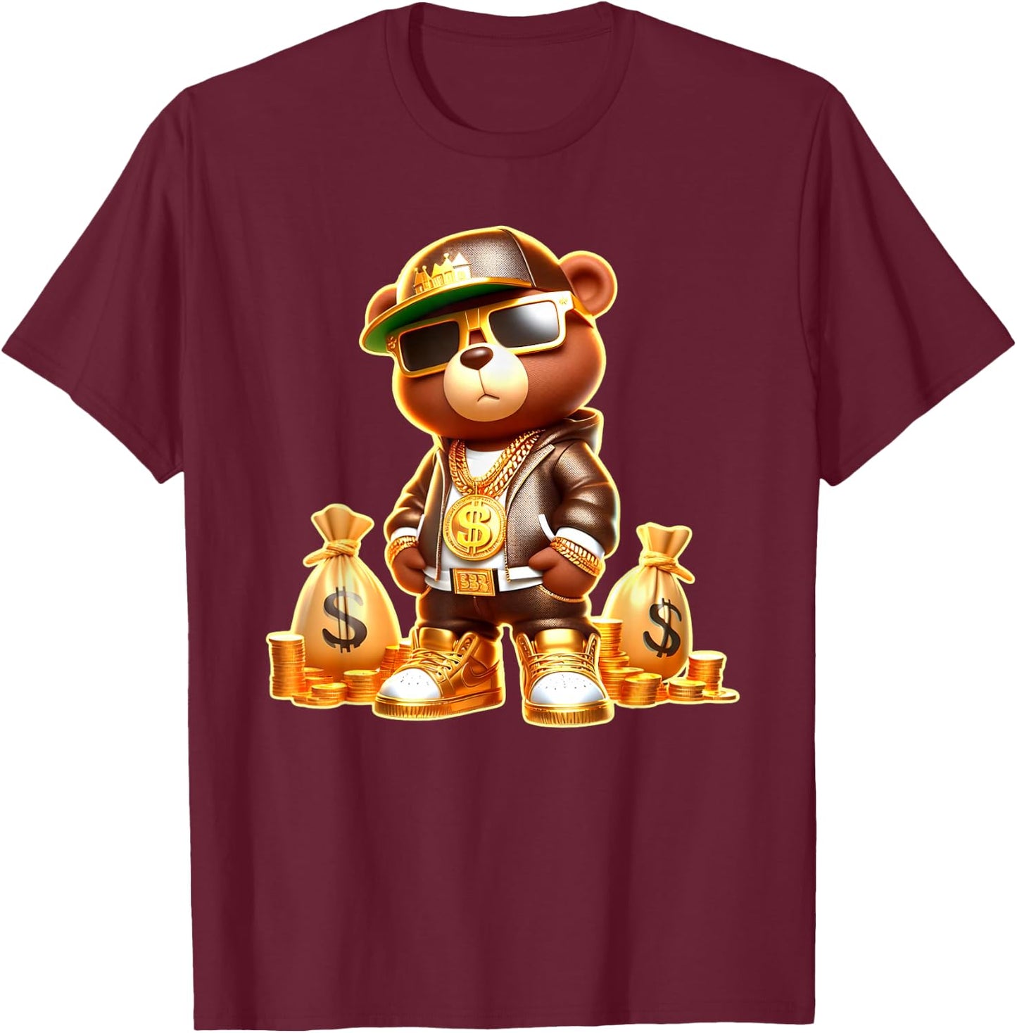 Golden Teddy Bear Boss Money Bags Golden Coins & Chain T-Shirt - T-Shirt | Maroon