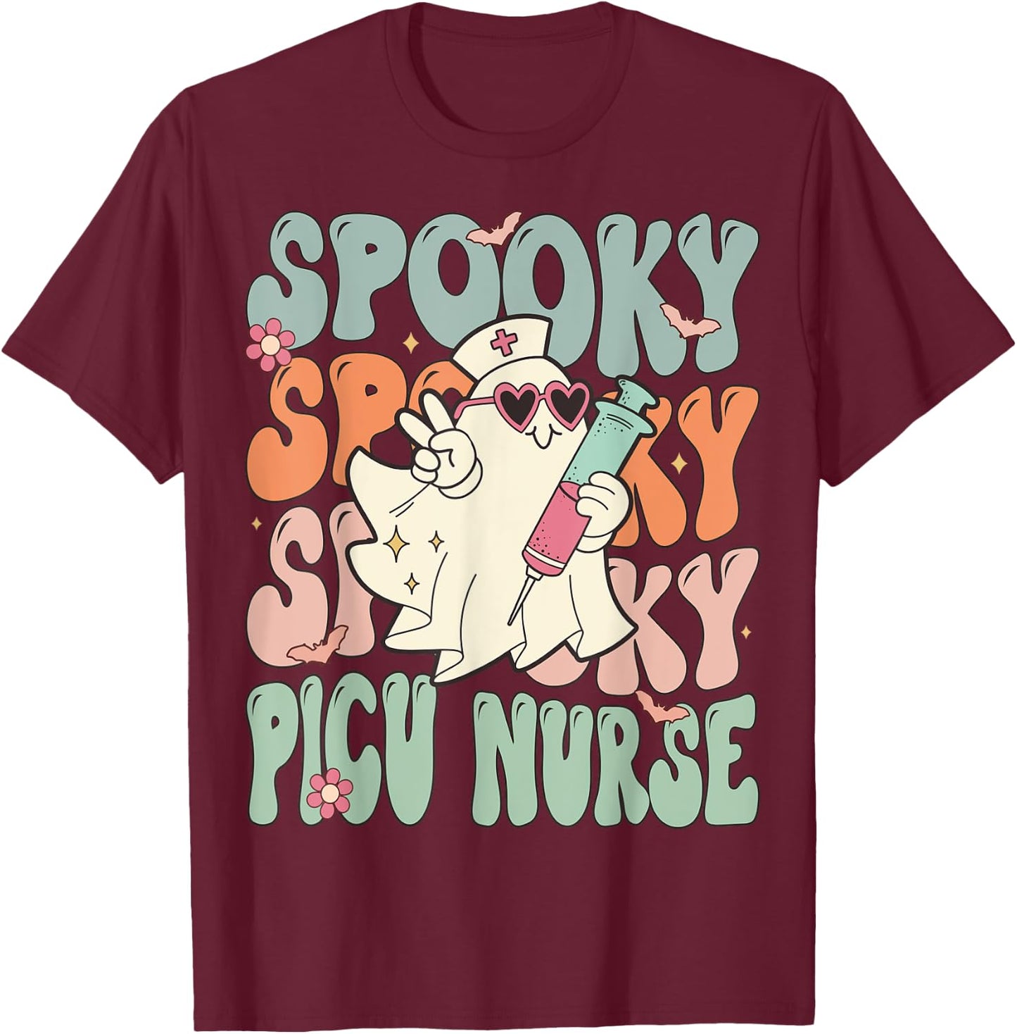 Spooky PICU Nurse Halloween Pediatric Intensive Care Nurse T-Shirt - T-Shirt | Maroon