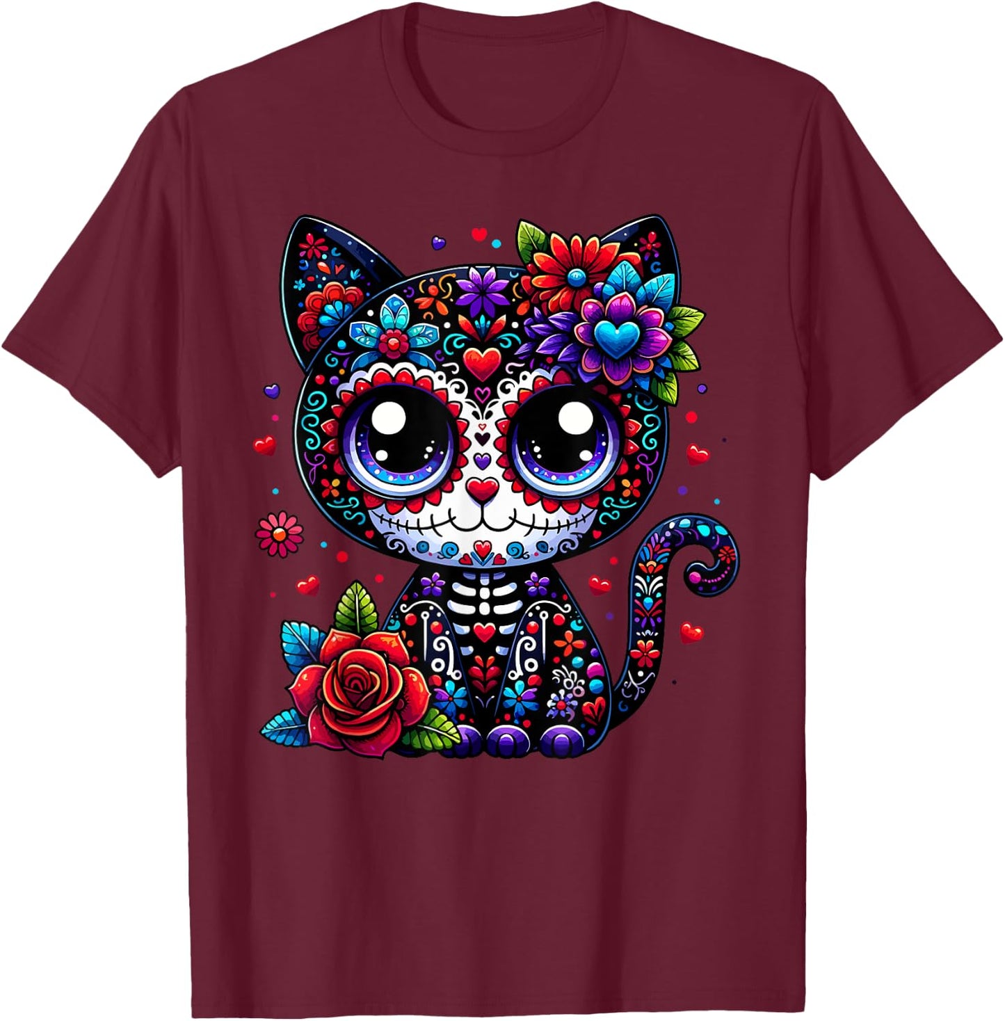 Dia De Los Muertos Cinco De Mayo Cat Sugar Skull Men Women T-Shirt - T-Shirt | Maroon