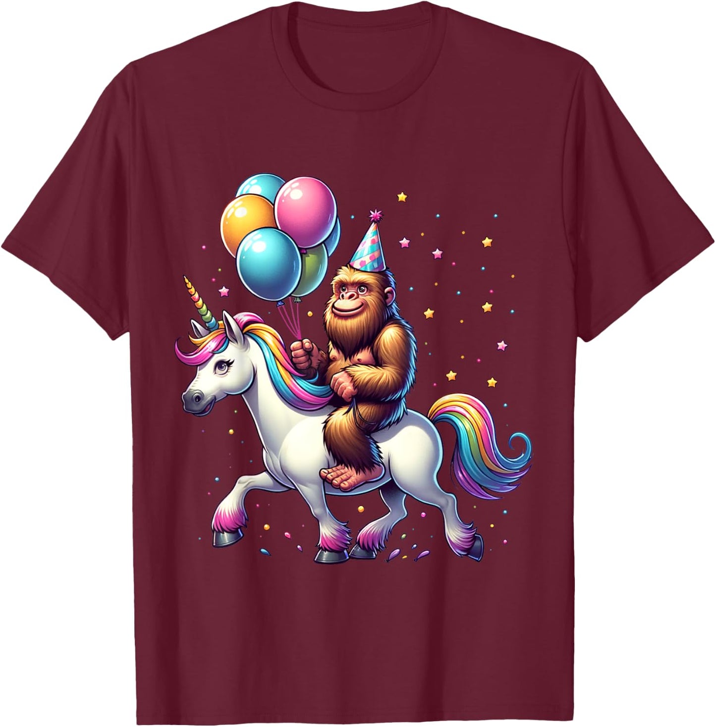 Bigfoot Sasquatch Riding Unicorn. Funny Bigfoot Birthday T-Shirt - T-Shirt | Maroon