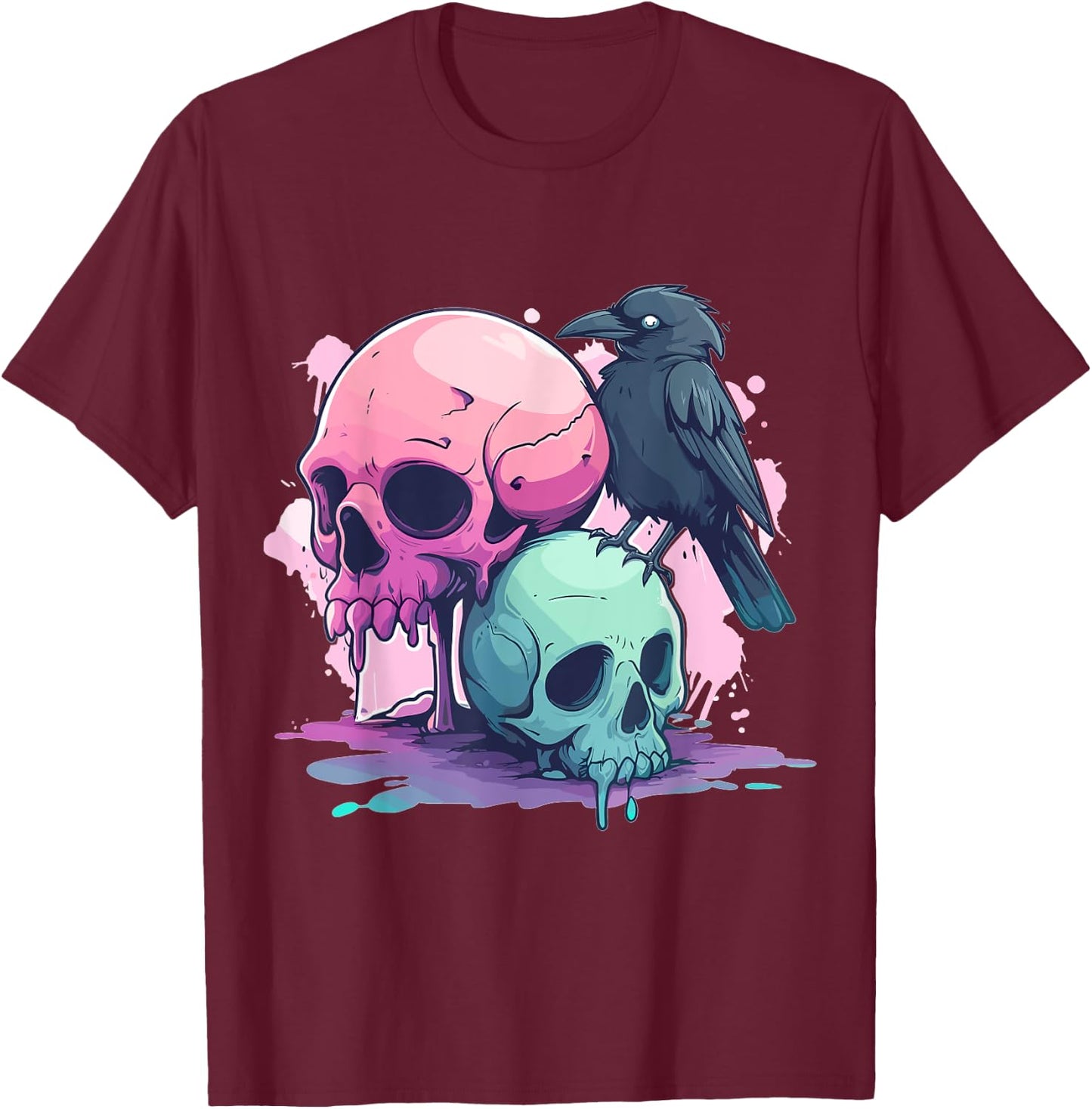 Goth Pastel Cute Creepy Kawaii Skull And Crow Vaporwave T-Shirt - T-Shirt | Maroon