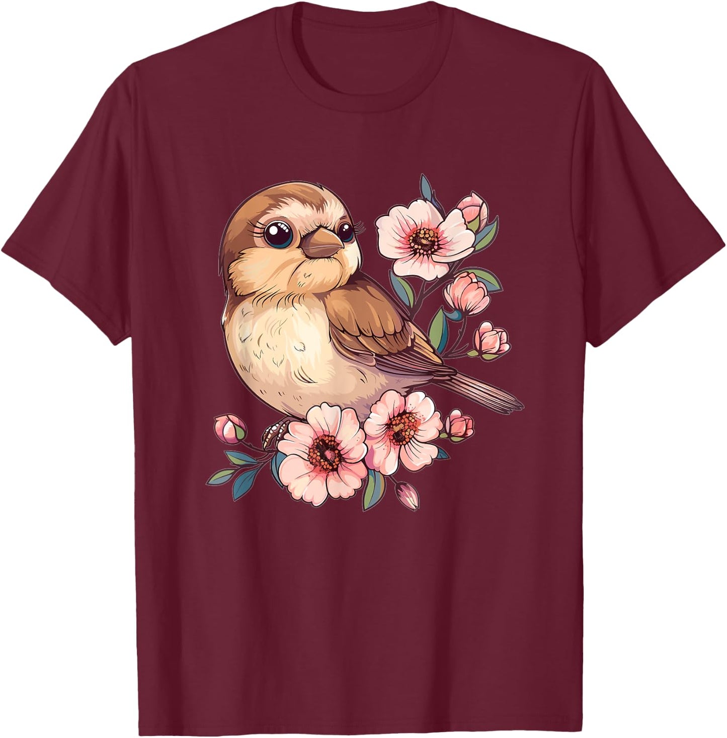 Cute Sparrow With Flowers I Sparrow T-Shirt - T-Shirt | Maroon