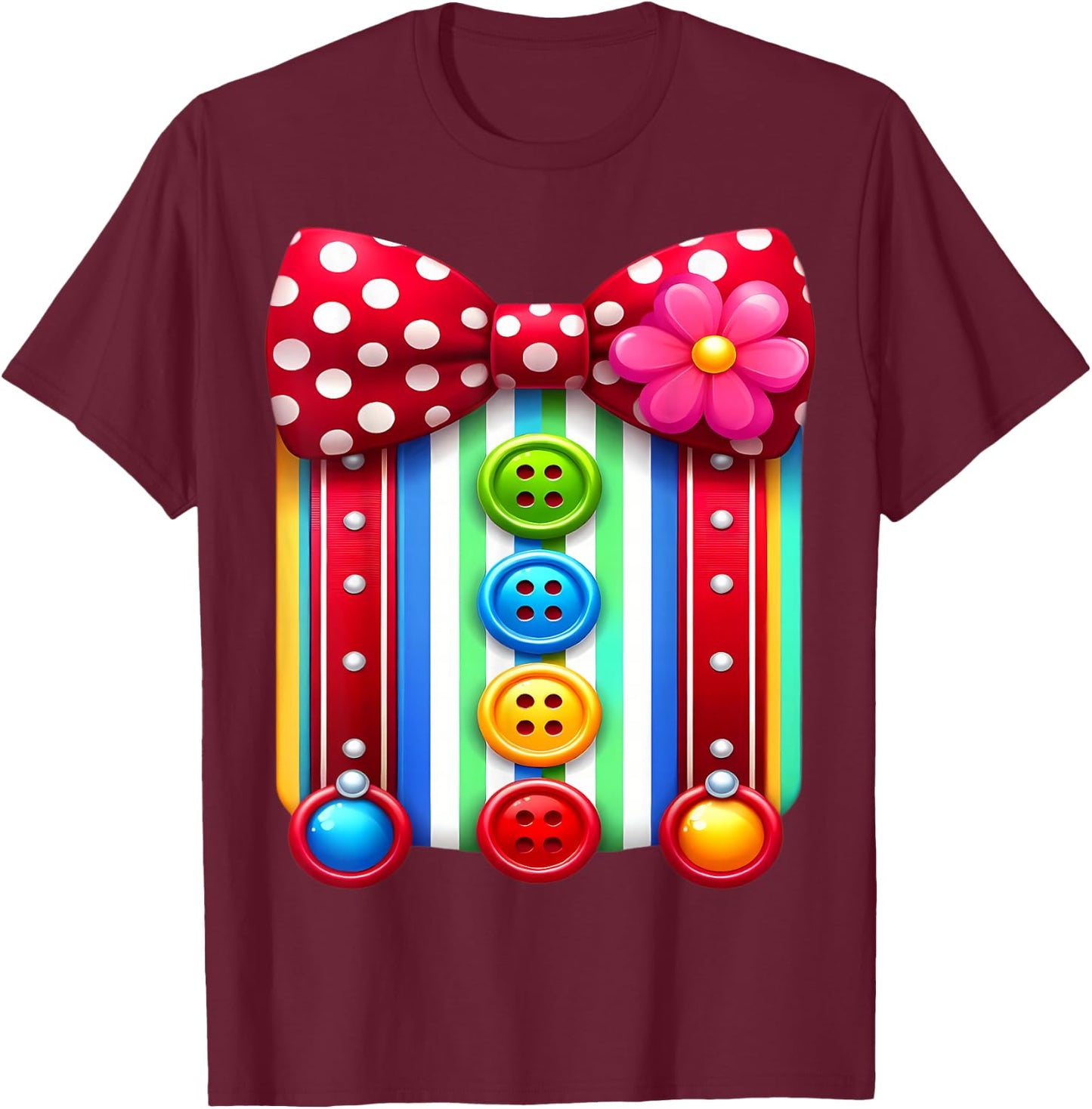 Colorful Clown Costume Funny Bow Tie and Buttons Design T-Shirt - T-Shirt | Maroon