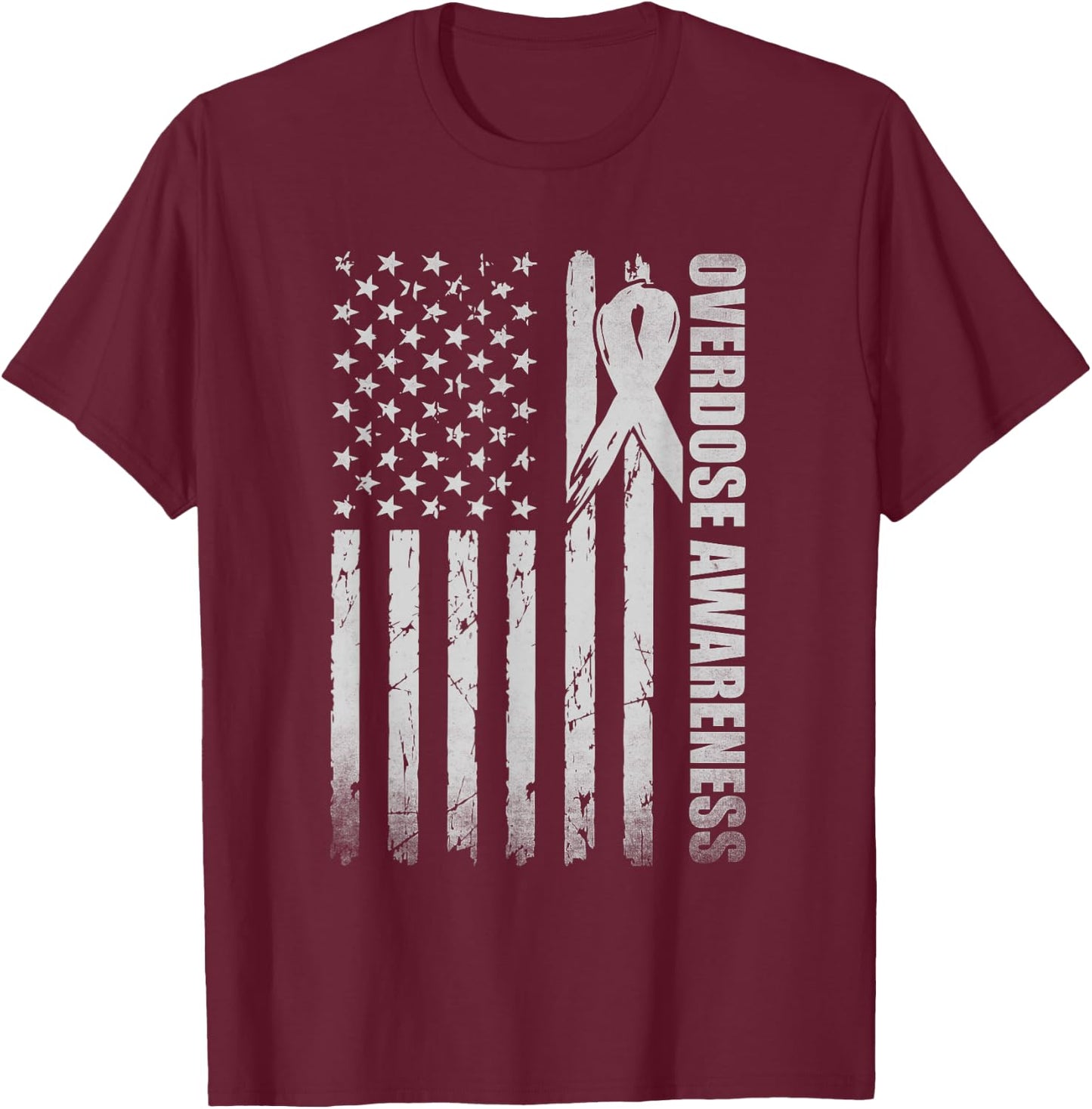 Overdose Awareness Month Purple Ribbon American Flag T-Shirt - T-Shirt | Maroon