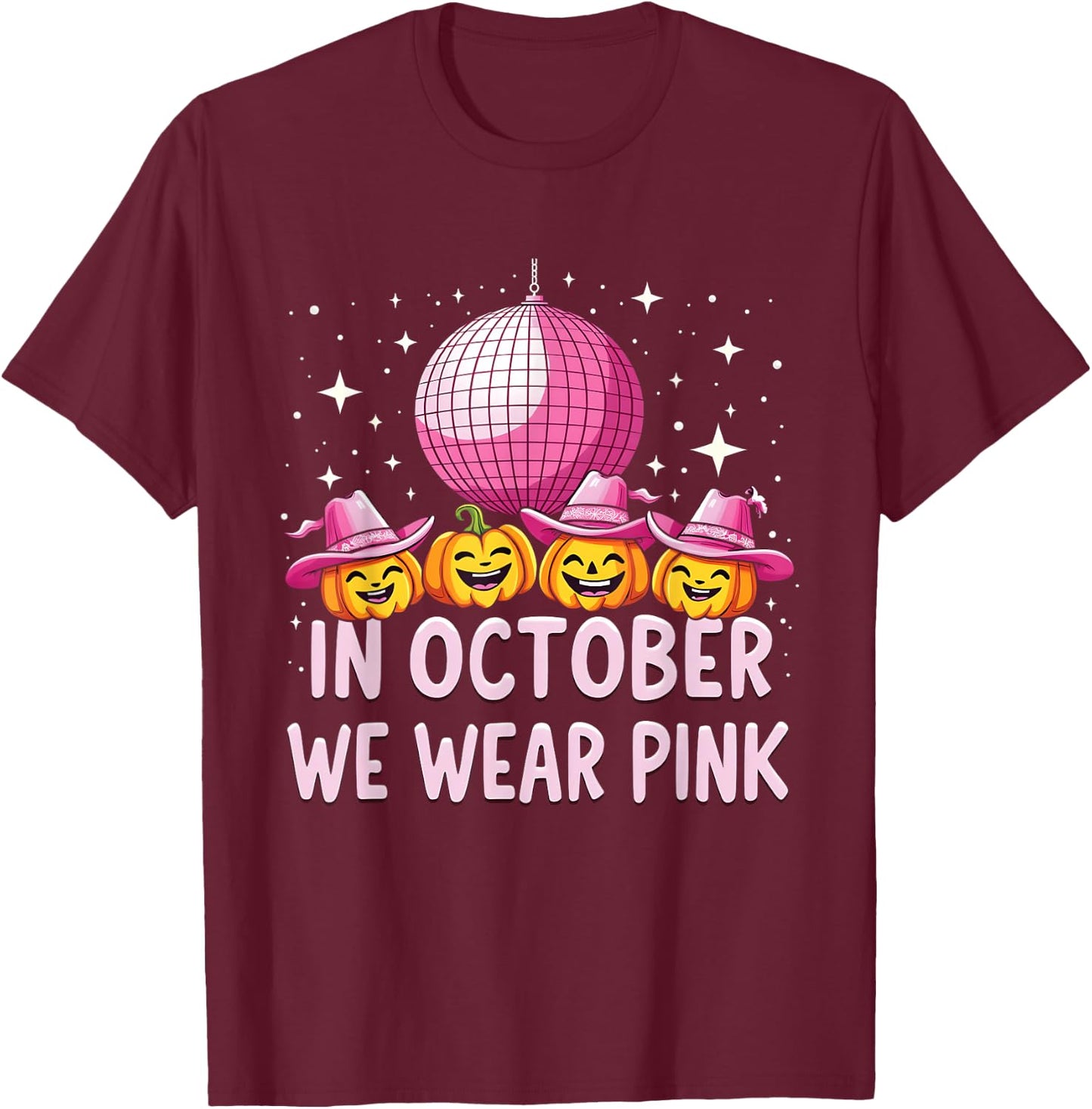 In October We Wear Pink Breast Cancer Pumpkin Cowgirl Wester T-Shirt - T-Shirt | Maroon