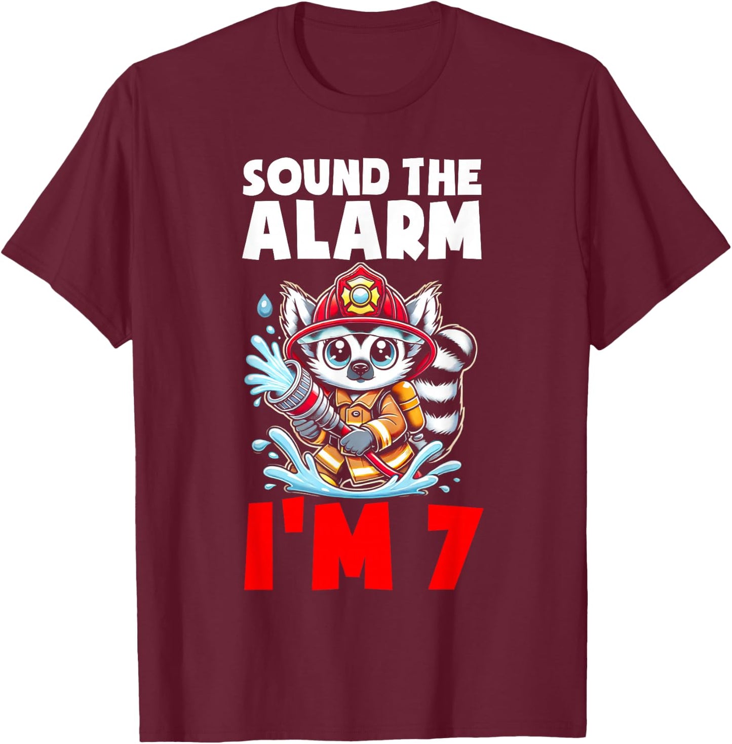 Lemur Firefighter Fireman Kids 7th Birthday Boys 7 Year Old T-Shirt - T-Shirt | Maroon