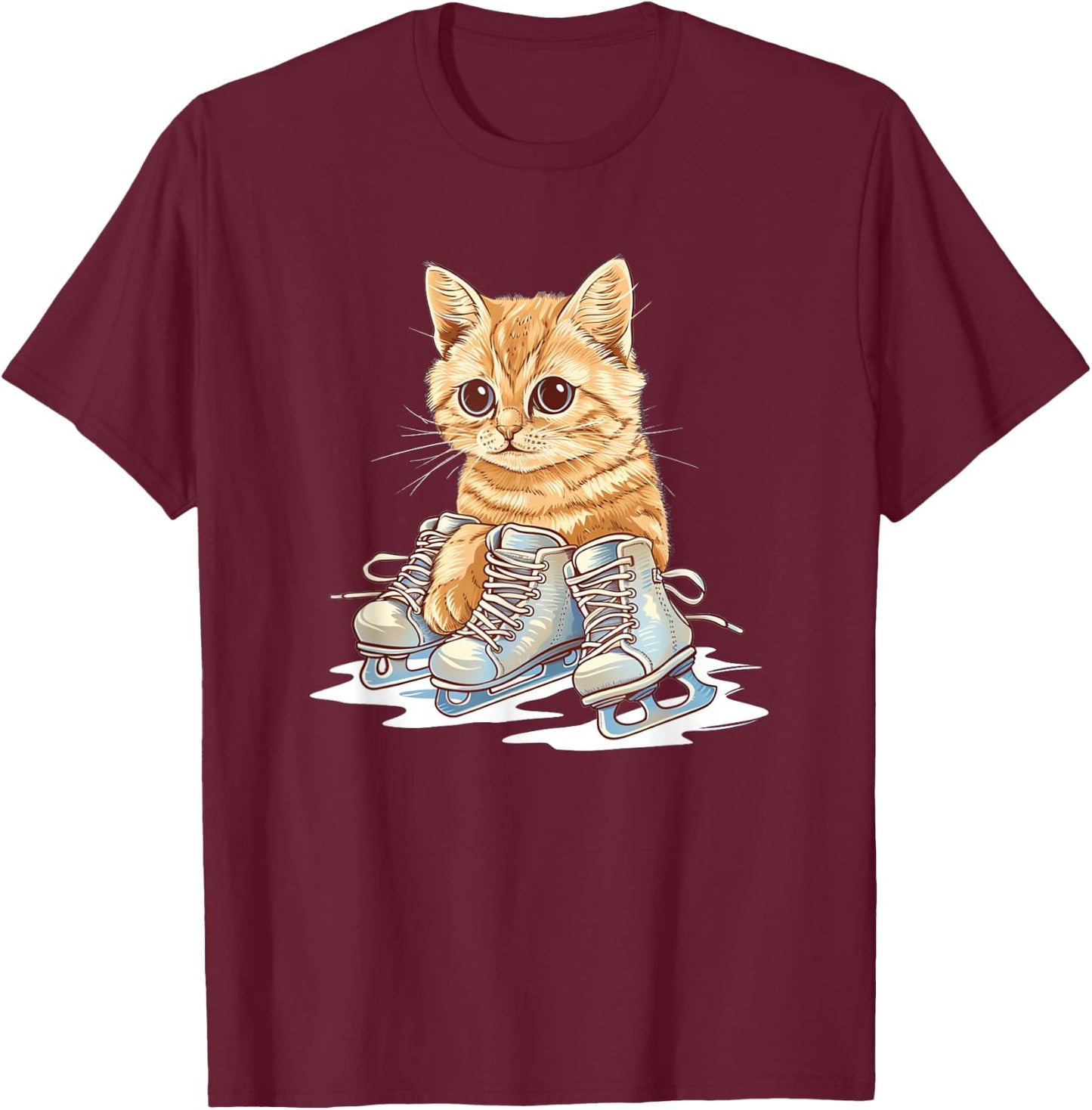 Ice skating Shoes and cute Cat Outfit Men Women Kids T-Shirt - T-Shirt | Maroon