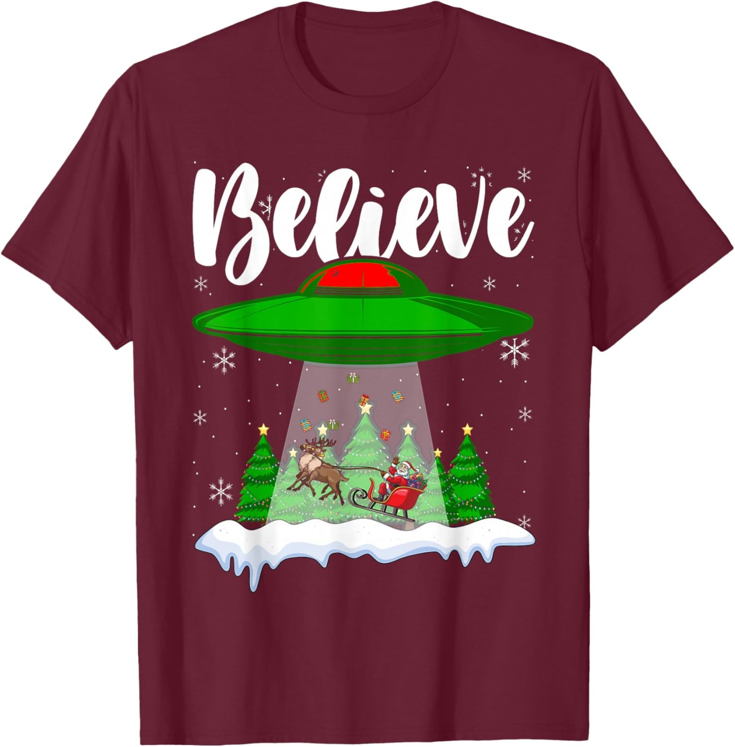 Funny Christmas Alien UFO Santa Claus Xmas Believe T-Shirt - T-Shirt | Maroon