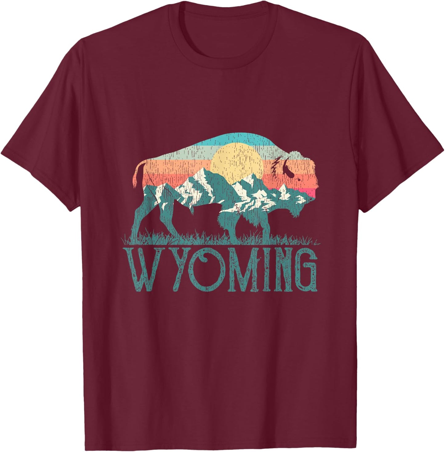 Bison Buffalo Retro Mountains WY Wyoming T-Shirt - T-Shirt | Maroon