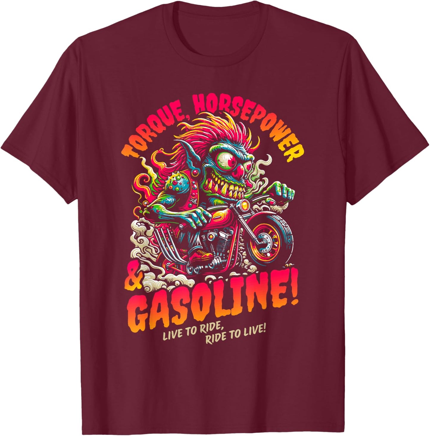 Torque Horsepower and Gasoline Funny Wild Motorcycle Cartoon T-Shirt - T-Shirt | Maroon