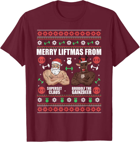 Merry Liftmas by Superset Claus and Brodolf the Gainzdeer T-Shirt - T-Shirt | Maroon