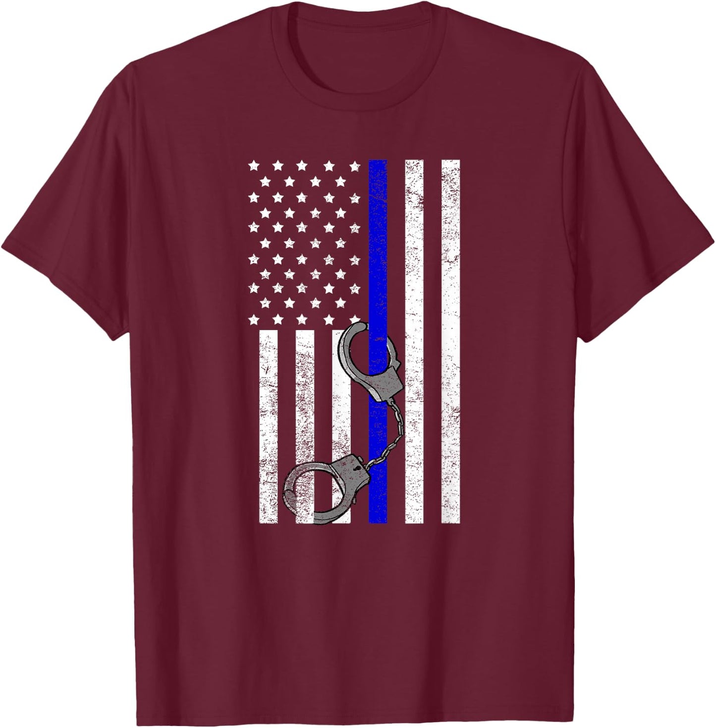 US Flag Thin Blue Line Handcuffs Cop LE Police Officer Gift T-Shirt - T-Shirt | Maroon